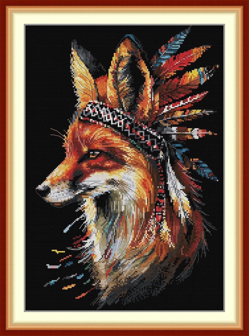 Maydiyer Counted Cross Stitch Kits for Adults,14CT Unprinted Pattern Embroidery Kits for Beginners,Easy Cross-Stitch Set DMC Threads Needlework-Indian Fox 13.4''×18.5'' - Image 1